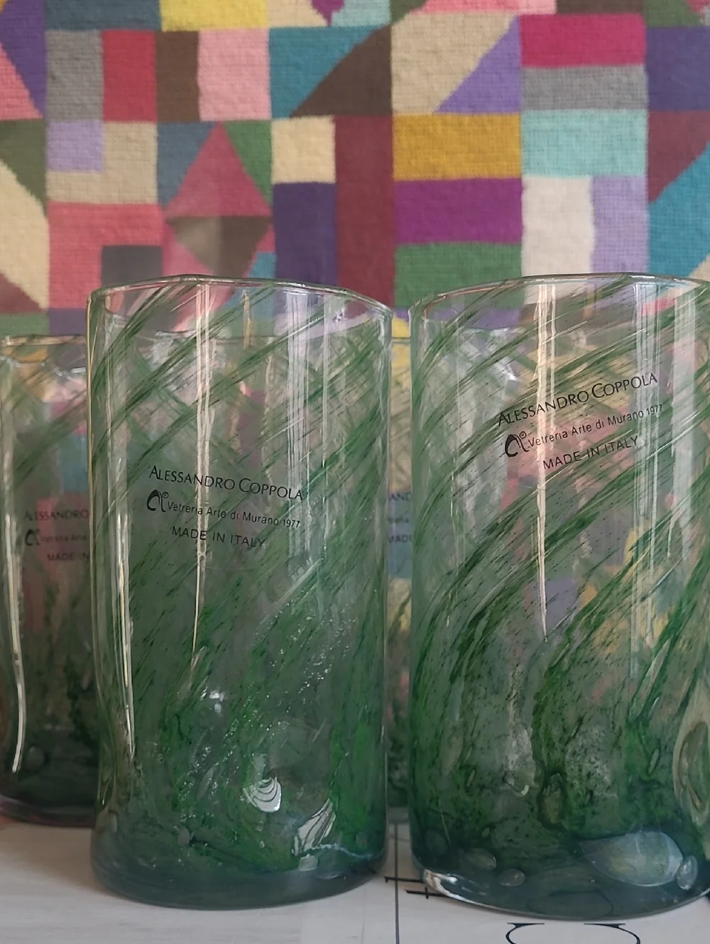 MURANO HANDBLOWN GLASS GREEN SWIRL HIGHBALL CUPS SET OF 4